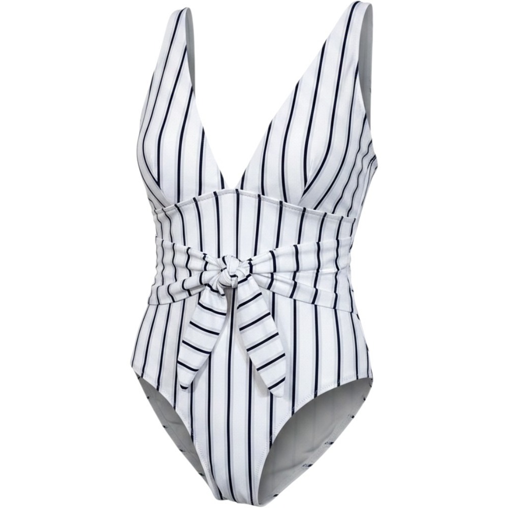 Cupshe Womens Striped One Piece Swimsuit White‎ Navy Blue Front Tie NEW